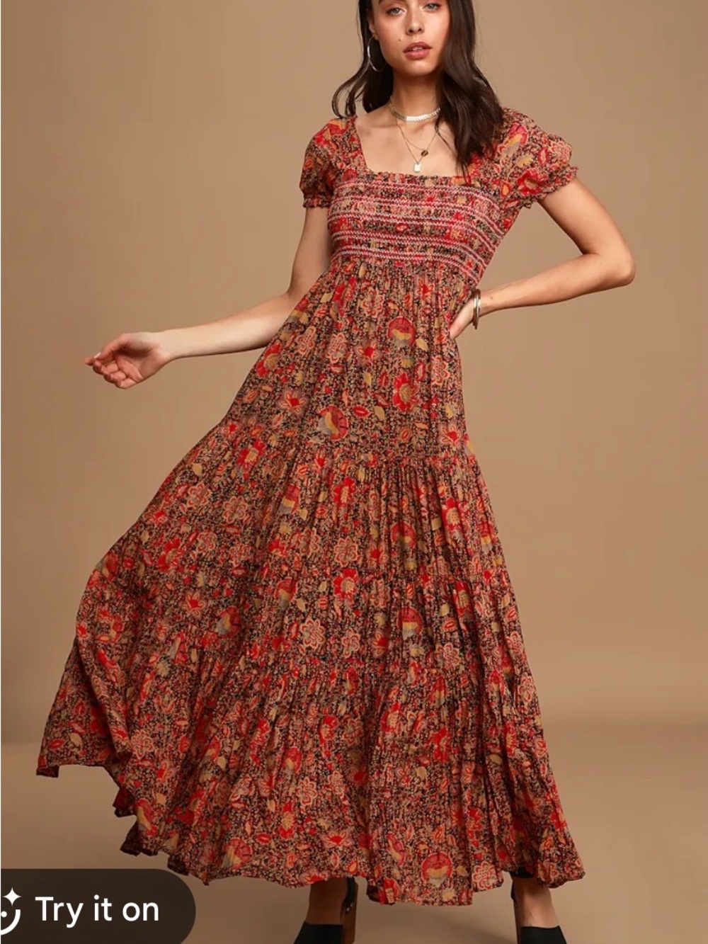 Free People Red & Brown Boho Floral Tiered Maxi Dress